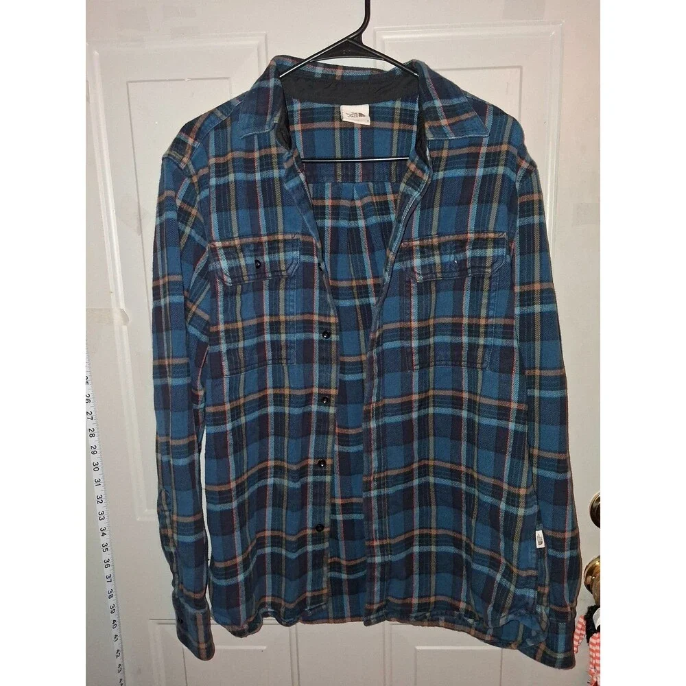 The North Face Men's Medium Blue Plaid Flannel Button Front Shirt Cotton Long...